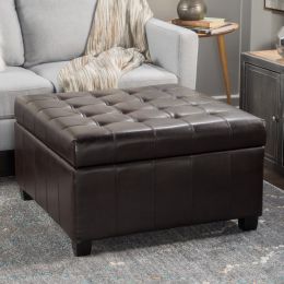 Allison Contemporary Tufted Bonded Leather Storage Ottoman; Brown and Dark Brown