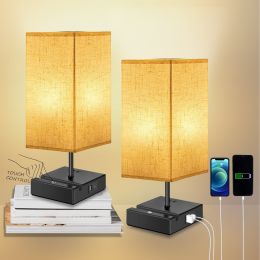 Nightstand Lamps set of 2; 3-Way Dimmable Bedside Lamp with USB / Type C Port and Outlet for Bedrooms