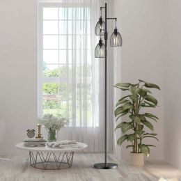 69 inch Three Head LED Metal Industrial Floor Lamp; Bright & Durable; with 3 Stepless Dimmable Bulb Included; Black