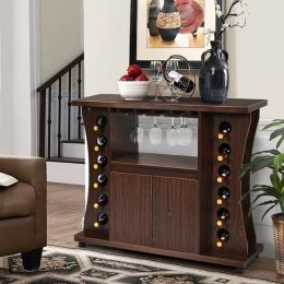Rolling Buffet Sideboard Wooden Bar Storage Cabinet With Wine Rack And Glass Shelves