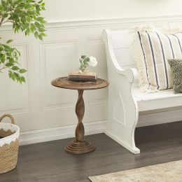 18" x 22" Brown Wood Handmade Intricately Carved Floral Accent Table with Spiral Leg and Elevated Base; 1-Piece