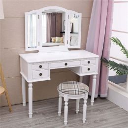 Tri-Folding Mirror Vanity Set 5 Drawers Dressing Table Makeup Desk with Stool; White