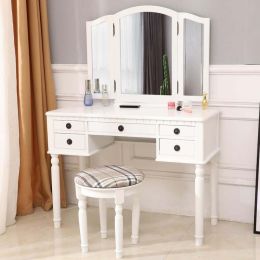 Tri-Folding Mirror Vanity Set Makeup Dressing Table with Cushioned Stool & 5 Storage Drawer Wood Furniture (White)