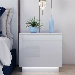 1/2 Pieces LED Nightstand; 2 Drawers Bedside End Table with Remote RGB LED Light; High Gloss Wooden for Modern Bedroom/Living Room