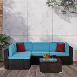 Beefurni Outdoor Garden Patio Furniture 5-Piece Brown PE Rattan Wicker Sectional Blue Cushioned Sofa Sets with 2 Red Pillows