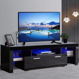 Black TV Stand for 70 Inch TV; Modern TV Cabinet with 16 Color LED Light
