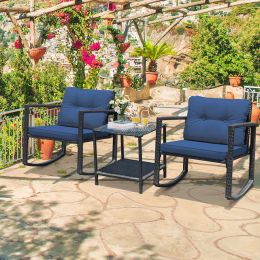 3 Piece Rattan Rocking Chair Table Set Patio Furniture Set with Navy Blue Cushions