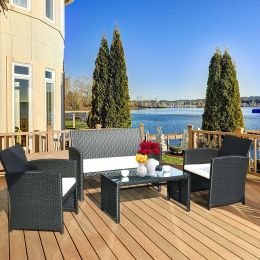 4 Piece Garden Rattan Wicker Furniture Conversation Set Upholstered Sofa Table