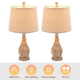 Bedroom Table Lamp Set with USB Port Beige Shade and Wooden Laminate Base