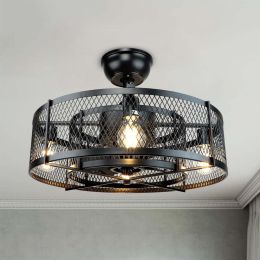 20 Inch Remote Control Cage Industrial Ceiling Fan with 3 Speed Adjustable Light 4*E26 Bulb Base Black