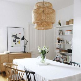 Rattan Pendant Light Boho Style Chandelier Adjustable Rope For Living Room Kitchen Decor Modern Ceiling Light Fixture 1 Light 13.7 Inches