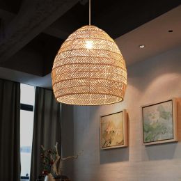 Natural Chandelier Rattan Pendant Lamp Shade Ceiling Fixture For Kitchen Farmhouse Beige Rustic 1 Lamp 13.7"x13.7"