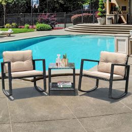 3 Piece Garden Rattan Talking Set Rocking Chair Upholstered Sofa Garden Furniture