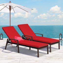 2PCS Patio Rattan Lounge Chair Chaise Recliner Back Adjustable Cushioned Red