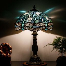 Tiffany Table Lamp Ocean Blue Stained Glass Lamp 18 Inch Tall Dragonfly Style Desk Reading Light Decoration Bedroom Living Room Home Office