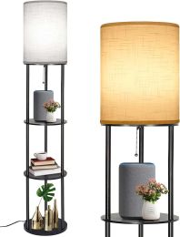 63" Floor Lamp with Shelves; LED Column Modern Floor Lamp with Dimmable; Wooden High Floor Lamp with Linen Shade for Living Room; Bedroom; Black Round
