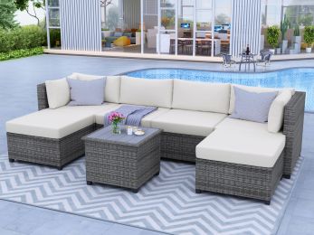 7 Piece Rattan Sectional Seating Group with Cushions;  Outdoor Ratten Sofa