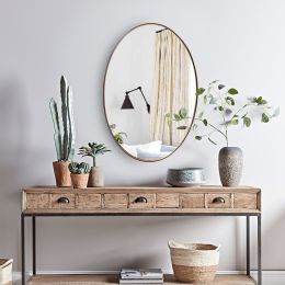 35 Inch Oval Hanging Accent Wall Mirror with Metal Frame; Matte Gold