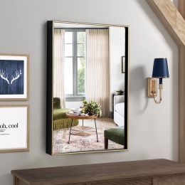 28 Inch Beveled Metal Frame Rectangular Wall Mirror; Black; Gold Accent