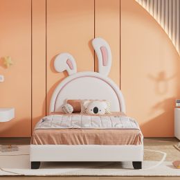 Twin Size Upholstered Leather Platform Bed with Rabbit Ornament; White