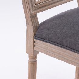 French Style Solid Wood Frame Antique Painting Linen Fabric Square Rattan Back Dining Chair; Set of 2; grey