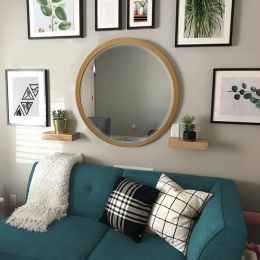 32 Inch Round Wooden Frame Floating Wall Beveled Mirror; Brown