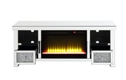 ACME Noralie TV STAND W/FIREPLACE Mirrored & Faux Diamonds LV00313