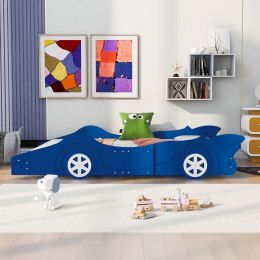 Full Size Race Car-Shaped Platform Bed with Wheels; Blue
