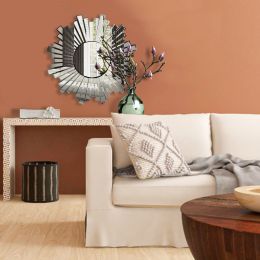 28 Inch Round Floating Wall Mirror with Sunburst Design Frame; Silver