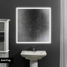 36 x 36 Inch Frameless LED Illuminated Bathroom Wall Mirror; Touch Button Defogger; Square; Silver