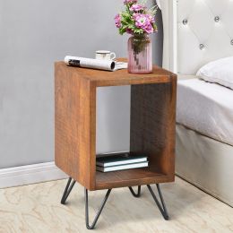 22 Inch Textured Cube Shape Wooden Nightstand with Angular Legs; Brown and Black