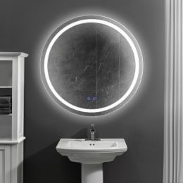 32 x 32 Inch Round Frameless LED Illuminated Bathroom Mirror; Touch Button Defogger; Metal; Frosted Edges; Silver