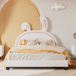 Full Size Upholstered Leather Platform Bed with Rabbit Ornament; White