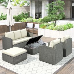 Outdoor Patio 5-Piece All-Weather PE Wicker Rattan Sectional Sofa Set with Multifunctional Table and Ottoman, Gray Wicker+ Beige Cushion
