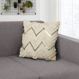 18 x 18 Square Polycotton Handwoven Accent Throw Pillow; Fringed; Sequins; Chevron Design; Off White