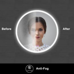 32 x 32 Inch Round Frameless LED Illuminated Bathroom Mirror; Touch Button Defogger; Metal; Silver