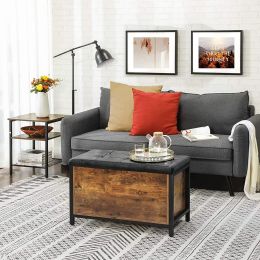 32 Inch Industrial Button Tufted Flip Top Storage Bench; Vegan Faux Leather; Black; Rustic Brown