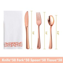 50pcs Gold/Silver Disposable Forks Plastic Tableware Dessert Knives Forks Spoon Cutlery Set Wedding Birthday Party Decor Supply (Color: Rose gold set, Ships From: China)