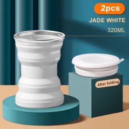 1/2pcs Portable Silicone Folding Water Cup Outdoor Heat Resistant Foldable Mug Collapsible Drinking Cups With Lid Travel Camping (Color: 2Pcs White, Ships From: China)