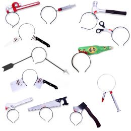 Horror Headband Props Decoration Scary Blood Fake Ax Saws Knife Simulation Plastic Toy Party Masquerade Mischief Decor (Color: Mixed set 12Pcs, Ships From: China)
