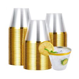 10/50/100pcs Gold Plastic Cups Disposable Transparent Plastic Cup Wine Glass Champagne Cup Birthday Wedding Decor Party Supplies (Color: Gold, Number of Pcs: 100pcs)