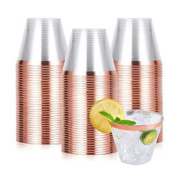 10/50/100pcs Gold Plastic Cups Disposable Transparent Plastic Cup Wine Glass Champagne Cup Birthday Wedding Decor Party Supplies (Color: Rose gold, Number of Pcs: 100pcs)