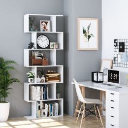 Geometric Bookcase Wooden Wood S Shape Storage Display Unit Bookcase Bookshelf 6-tier Storage; 75" H x 27.6" W (Color: White, Material: Chipboard,Particle Board)