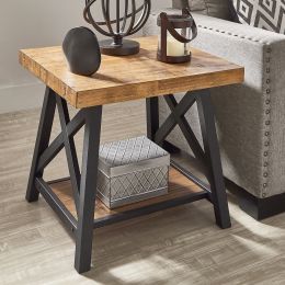 Westyn Rustic X Base Wood End Table with Shelf (Color: Oak, Material: Wood, Tempered Glass)