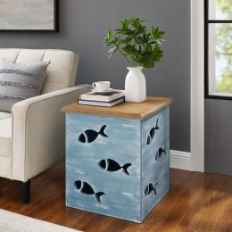 Creekview Coastal Square Metal Accent Side Table with Cutout Fish (Color: Blue and Natural, Material: MDF, Iron)