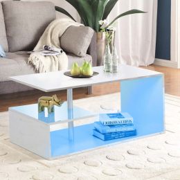 Coffee Table for Living Room Modern Coffee Table High Gloss Black Finish Centre Sofa Table S-Shaped Open Storage Shelf (Color: White)