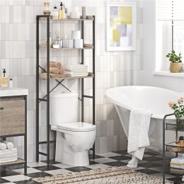 3-Tier Over-the -Toilet Storage Rack with Metal Construction and Wooden Open Shelf for Toilet (Color: Gray, Material: MDF,iron)