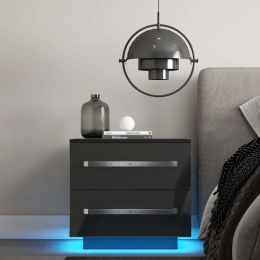 Modern 2 Drawers Nightstand RGB LED Backlight; High Gloss Finish Bedroom End Table - 21.7x14.6x19.7 Inches (Color: Black, Material: UV Triamine Board, Metal)