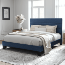 Queen Size Platform Bed Frame with Fabric Upholstered Headboard (Color: Navy Blue, Material: Fabric&Metal&Wood)