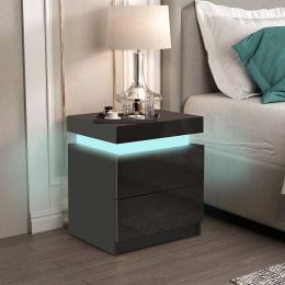 1 Pack LED Light Nightstand Nightstand with 2 Drawers Home Bedroom Black and White High Gloss Finish (Color: Black, Material: particle board)